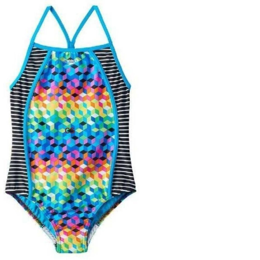 Girls Speedo Swimsuit 12 Black Blue Striped Geo 1 Pc Silicone Gripper Racerback